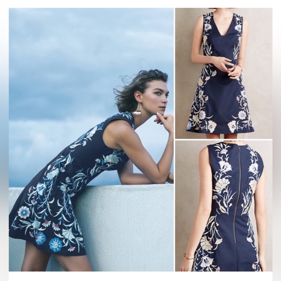 MOULINETTE SOEURS Anthropologie Bellflower Blue Embroidered dress Sz 8 ✨ - Picture 2 of 13